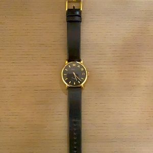 Marc Jacobs Watch, gold trim, black leather band.